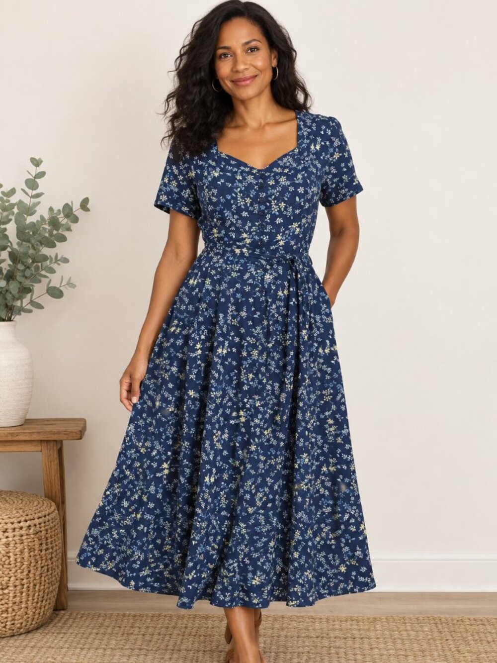 Vintage Erika Midi Dress Sz M Blue Floral Tie Waist Sweetheart Neck Cottagecore